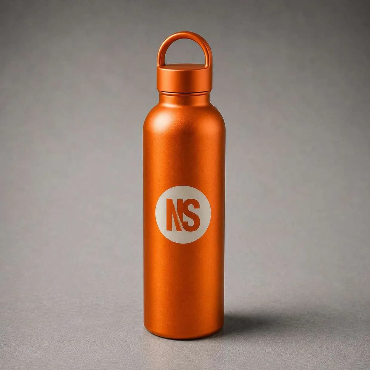 Garrafa térmica laranja com a marca NS