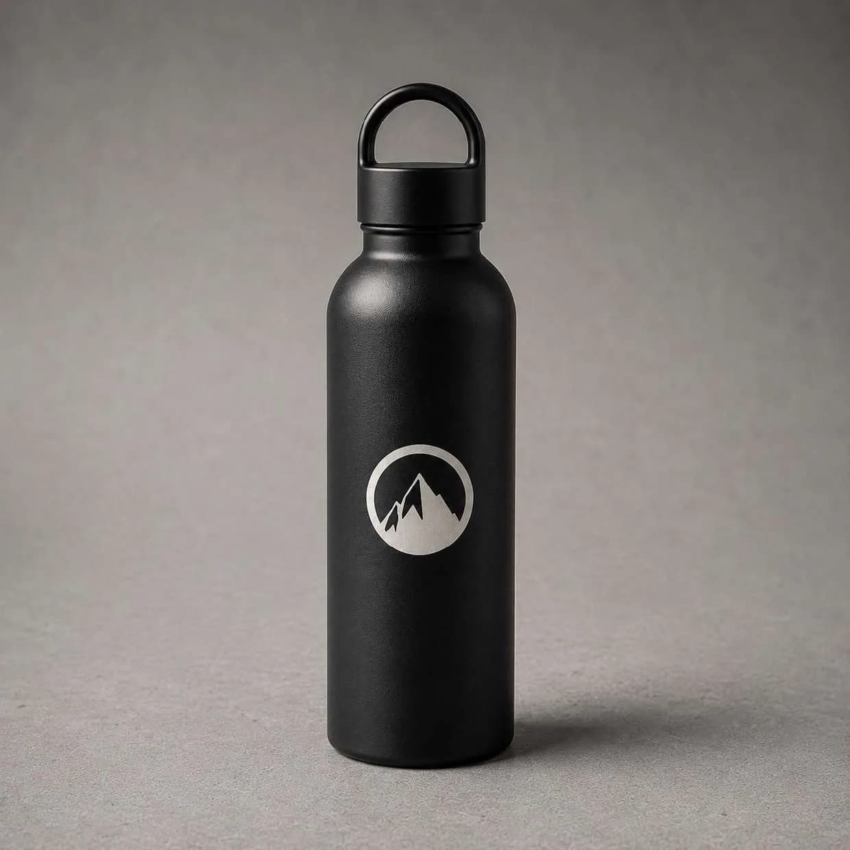 Garrafa térmica preta com o logo da montanha