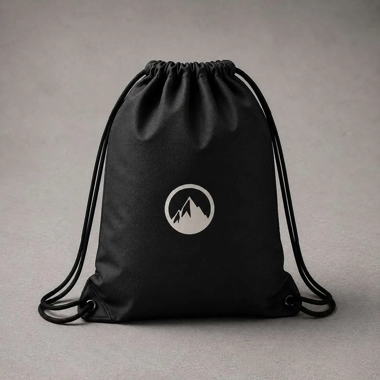 Mochila saco preta com o logo da montanha